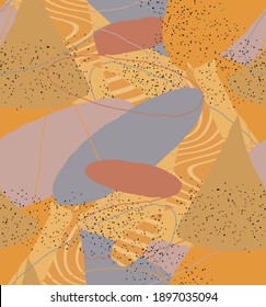Abstract vector seamless pattern. Organic grunge textured overlapping wavy shapes and lines. Scribbled hand drawn pastel colored background. Striped dotted leaf forms. Flat textile swatch. 