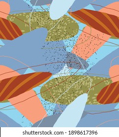 Abstract vector seamless pattern. Organic grunge textured overlapping wavy shapes and lines. Scribbled hand drawn pastel colored background. Striped dotted leaf forms. Flat textile swatch. 