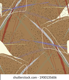 Abstract vector seamless pattern. Organic grunge textured overlapping wavy shapes and lines. Scribbled hand drawn pastel colored background. Striped dotted leaf forms. Flat textile swatch. 