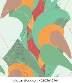Abstract vector seamless pattern. Organic grunge textured overlapping wavy shapes and lines. Scribbled hand drawn pastel colored background. Striped dotted leaf forms. Flat textile swatch. 