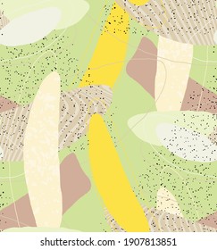 Abstract vector seamless pattern. Organic grunge textured overlapping wavy shapes and lines. Scribbled hand drawn pastel colored background. Striped dotted leaf forms. Flat textile swatch. 