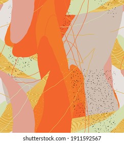 Abstract vector seamless pattern. Organic grunge textured overlapping wavy shapes and lines. Scribbled hand drawn pastel colored background. Striped dotted leaf forms. Flat textile swatch. 