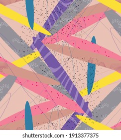 Abstract vector seamless pattern. Organic grunge textured overlapping wavy shapes and lines. Scribbled hand drawn pastel colored background. Striped dotted leaf forms. Flat textile swatch. 