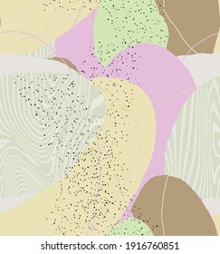 Abstract vector seamless pattern. Organic grunge textured overlapping wavy shapes and lines. Scribbled hand drawn pastel colored background. Striped dotted leaf forms. Flat textile swatch. 