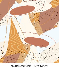 Abstract vector seamless pattern. Organic grunge textured overlapping wavy shapes and lines. Scribbled hand drawn pastel colored background. Striped dotted leaf forms. Flat textile swatch. 