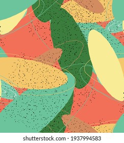 Abstract vector seamless pattern. Organic grunge textured overlapping wavy shapes and lines. Scribbled hand drawn pastel colored background. Striped dotted leaf forms. Flat textile swatch. 