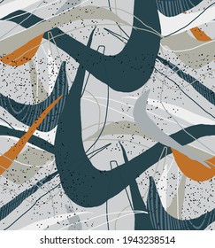 Abstract vector seamless pattern. Organic grunge textured overlapping wavy shapes and lines. Scribbled hand drawn pastel colored background. Striped dotted leaf forms. Flat textile swatch. 