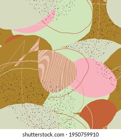 Abstract vector seamless pattern. Organic grunge textured overlapping wavy shapes and lines. Scribbled hand drawn pastel colored background. Striped dotted leaf forms. Flat textile swatch. 