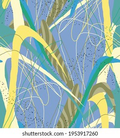 Abstract vector seamless pattern. Organic grunge textured overlapping wavy shapes and lines. Scribbled hand drawn pastel colored background. Striped dotted leaf forms. Flat textile swatch. 