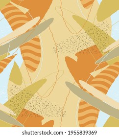 Abstract vector seamless pattern. Organic grunge textured overlapping wavy shapes and lines. Scribbled hand drawn pastel colored background. Striped dotted leaf forms. Flat textile swatch. 