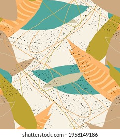 Abstract vector seamless pattern. Organic grunge textured overlapping wavy shapes and lines. Scribbled hand drawn pastel colored background. Striped dotted leaf forms. Flat textile swatch. 