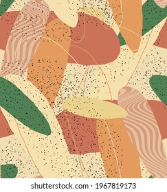 Abstract vector seamless pattern. Organic grunge textured overlapping wavy shapes and lines. Scribbled hand drawn pastel colored background. Striped dotted leaf forms. Flat textile swatch. 