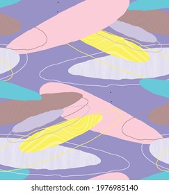 Abstract vector seamless pattern. Organic grunge textured overlapping wavy shapes and lines. Scribbled hand drawn pastel colored background. Striped dotted leaf forms. Flat textile swatch. 