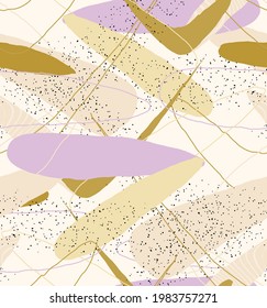 Abstract vector seamless pattern. Organic grunge textured overlapping wavy shapes and lines. Scribbled hand drawn pastel colored background. Striped dotted leaf forms. Flat textile swatch. 