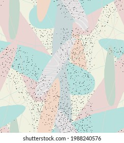 Abstract vector seamless pattern. Organic grunge textured overlapping wavy shapes and lines. Scribbled hand drawn pastel colored background. Striped dotted leaf forms. Flat textile swatch. 