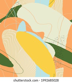 Abstract vector seamless pattern. Organic grunge textured overlapping wavy shapes and lines. Scribbled hand drawn pastel colored background. Striped dotted leaf forms. Flat textile swatch. 