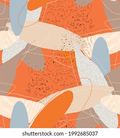 Abstract vector seamless pattern. Organic grunge textured overlapping wavy shapes and lines. Scribbled hand drawn pastel colored background. Striped dotted leaf forms. Flat textile swatch. 