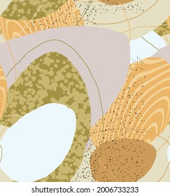 Abstract vector seamless pattern. Organic grunge textured overlapping wavy shapes and lines. Scribbled hand drawn pastel colored background. Striped dotted leaf forms. Flat textile swatch. 