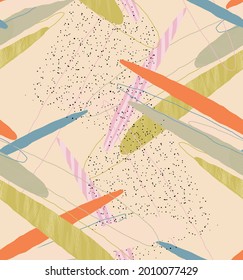 Abstract vector seamless pattern. Organic grunge textured overlapping wavy shapes and lines. Scribbled hand drawn pastel colored background. Striped dotted leaf forms. Flat textile swatch. 