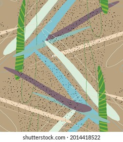 Abstract vector seamless pattern. Organic grunge textured overlapping wavy shapes and lines. Scribbled hand drawn pastel colored background. Striped dotted leaf forms. Flat textile swatch. 