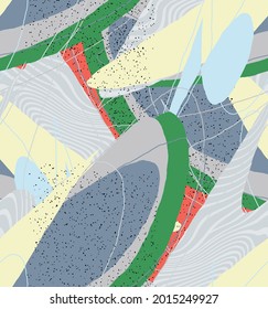 Abstract vector seamless pattern. Organic grunge textured overlapping wavy shapes and lines. Scribbled hand drawn pastel colored background. Striped dotted leaf forms. Flat textile swatch. 