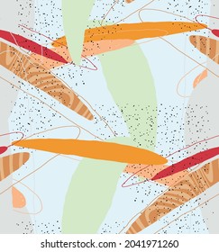 Abstract vector seamless pattern. Organic grunge textured overlapping wavy shapes and lines. Scribbled hand drawn pastel colored background. Striped dotted leaf forms. Flat textile swatch. 