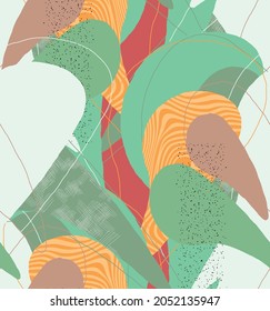 Abstract vector seamless pattern. Organic grunge textured overlapping wavy shapes and lines. Scribbled hand drawn pastel colored background. Striped dotted leaf forms. Flat textile swatch. 