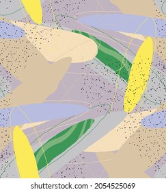 Abstract vector seamless pattern. Organic grunge textured overlapping wavy shapes and lines. Scribbled hand drawn pastel colored background. Striped dotted leaf forms. Flat textile swatch. 