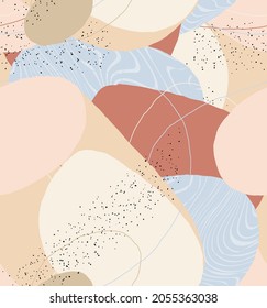 Abstract vector seamless pattern. Organic grunge textured overlapping wavy shapes and lines. Scribbled hand drawn pastel colored background. Striped dotted leaf forms. Flat textile swatch. 