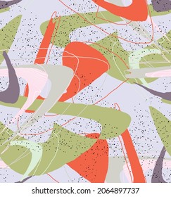 Abstract vector seamless pattern. Organic grunge textured overlapping wavy shapes and lines. Scribbled hand drawn pastel colored background. Striped dotted leaf forms. Flat textile swatch. 