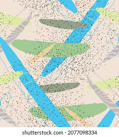 Abstract vector seamless pattern. Organic grunge textured overlapping wavy shapes and lines. Scribbled hand drawn pastel colored background. Striped dotted leaf forms. Flat textile swatch. 