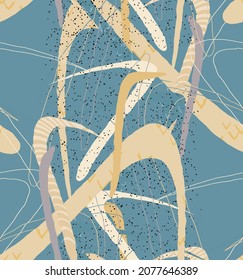 Abstract vector seamless pattern. Organic grunge textured overlapping wavy shapes and lines. Scribbled hand drawn pastel colored background. Striped dotted leaf forms. Flat textile swatch. 