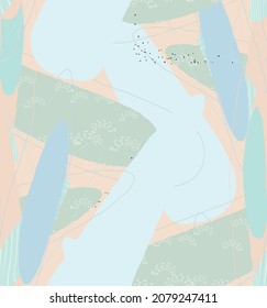 Abstract vector seamless pattern. Organic grunge textured overlapping wavy shapes and lines. Scribbled hand drawn pastel colored background. Striped dotted leaf forms. Flat textile swatch. 