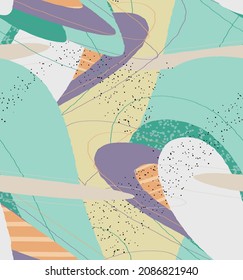 Abstract vector seamless pattern. Organic grunge textured overlapping wavy shapes and lines. Scribbled hand drawn pastel colored background. Striped dotted leaf forms. Flat textile swatch. 