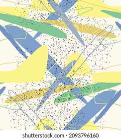 Abstract vector seamless pattern. Organic grunge textured overlapping wavy shapes and lines. Scribbled hand drawn pastel colored background. Striped dotted leaf forms. Flat textile swatch. 