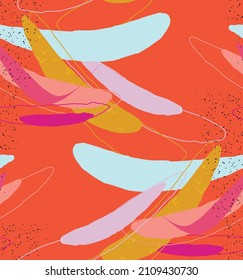 Abstract vector seamless pattern. Organic grunge textured overlapping wavy shapes and lines. Scribbled hand drawn pastel colored background. Striped dotted leaf forms. Flat textile swatch. 