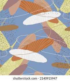 Abstract vector seamless pattern. Organic grunge textured overlapping wavy shapes and lines. Scribbled hand drawn pastel colored background. Striped dotted leaf forms. Flat textile swatch. 