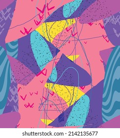 Abstract vector seamless pattern. Organic grunge textured overlapping wavy shapes and lines. Scribbled hand drawn pastel colored background. Striped dotted leaf forms. Flat textile swatch. 