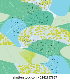 Abstract vector seamless pattern. Organic grunge textured overlapping wavy shapes and lines. Scribbled hand drawn pastel colored background. Striped dotted leaf forms. Flat textile swatch. 
