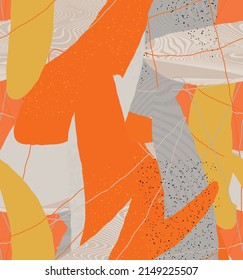 Abstract vector seamless pattern. Organic grunge textured overlapping wavy shapes and lines. Scribbled hand drawn pastel colored background. Striped dotted leaf forms. Flat textile swatch. 