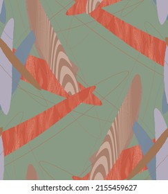 Abstract vector seamless pattern. Organic grunge textured overlapping wavy shapes and lines. Scribbled hand drawn pastel colored background. Striped dotted leaf forms. Flat textile swatch. 