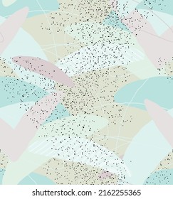 Abstract vector seamless pattern. Organic grunge textured overlapping wavy shapes and lines. Scribbled hand drawn pastel colored background. Striped dotted leaf forms. Flat textile swatch. 