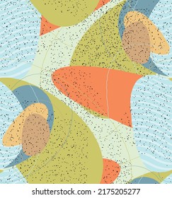 Abstract vector seamless pattern. Organic grunge textured overlapping wavy shapes and lines. Scribbled hand drawn pastel colored background. Striped dotted leaf forms. Flat textile swatch. 