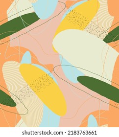 Abstract vector seamless pattern. Organic grunge textured overlapping wavy shapes and lines. Scribbled hand drawn pastel colored background. Striped dotted leaf forms. Flat textile swatch. 