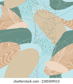 Abstract vector seamless pattern. Organic grunge textured overlapping wavy shapes and lines. Scribbled hand drawn pastel colored background. Striped dotted leaf forms. Flat textile swatch. 