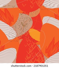 Abstract vector seamless pattern. Organic grunge textured overlapping wavy shapes and lines. Scribbled hand drawn pastel colored background. Striped dotted leaf forms. Flat textile swatch. 