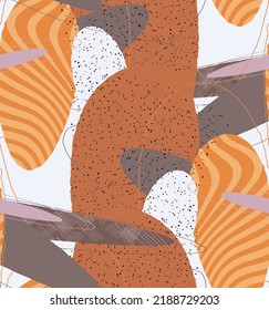 Abstract vector seamless pattern. Organic grunge textured overlapping wavy shapes and lines. Scribbled hand drawn pastel colored background. Striped dotted leaf forms. Flat textile swatch. 