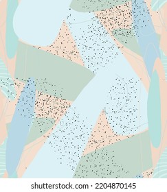 Abstract vector seamless pattern. Organic grunge textured overlapping wavy shapes and lines. Scribbled hand drawn pastel colored background. Striped dotted leaf forms. Flat textile swatch. 