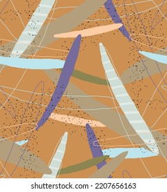 Abstract vector seamless pattern. Organic grunge textured overlapping wavy shapes and lines. Scribbled hand drawn pastel colored background. Striped dotted leaf forms. Flat textile swatch. 