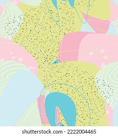 Abstract vector seamless pattern. Organic grunge textured overlapping wavy shapes and lines. Scribbled hand drawn pastel colored background. Striped dotted leaf forms. Flat textile swatch. 